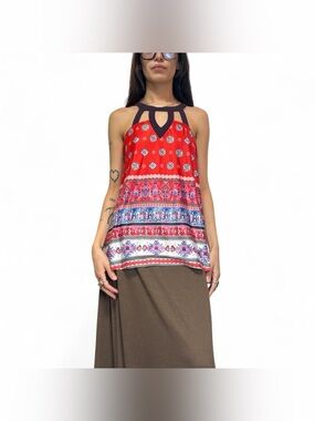 Orange & Purple Geometric Print Top W Cutout Neckline by FLT Studio